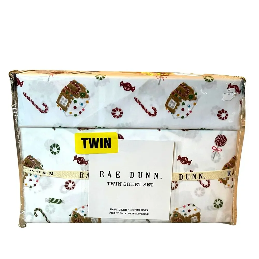 Rae Dunn Christmas TWIN Sheet Set Gingerbread House Candy Cane Candy Land NEW